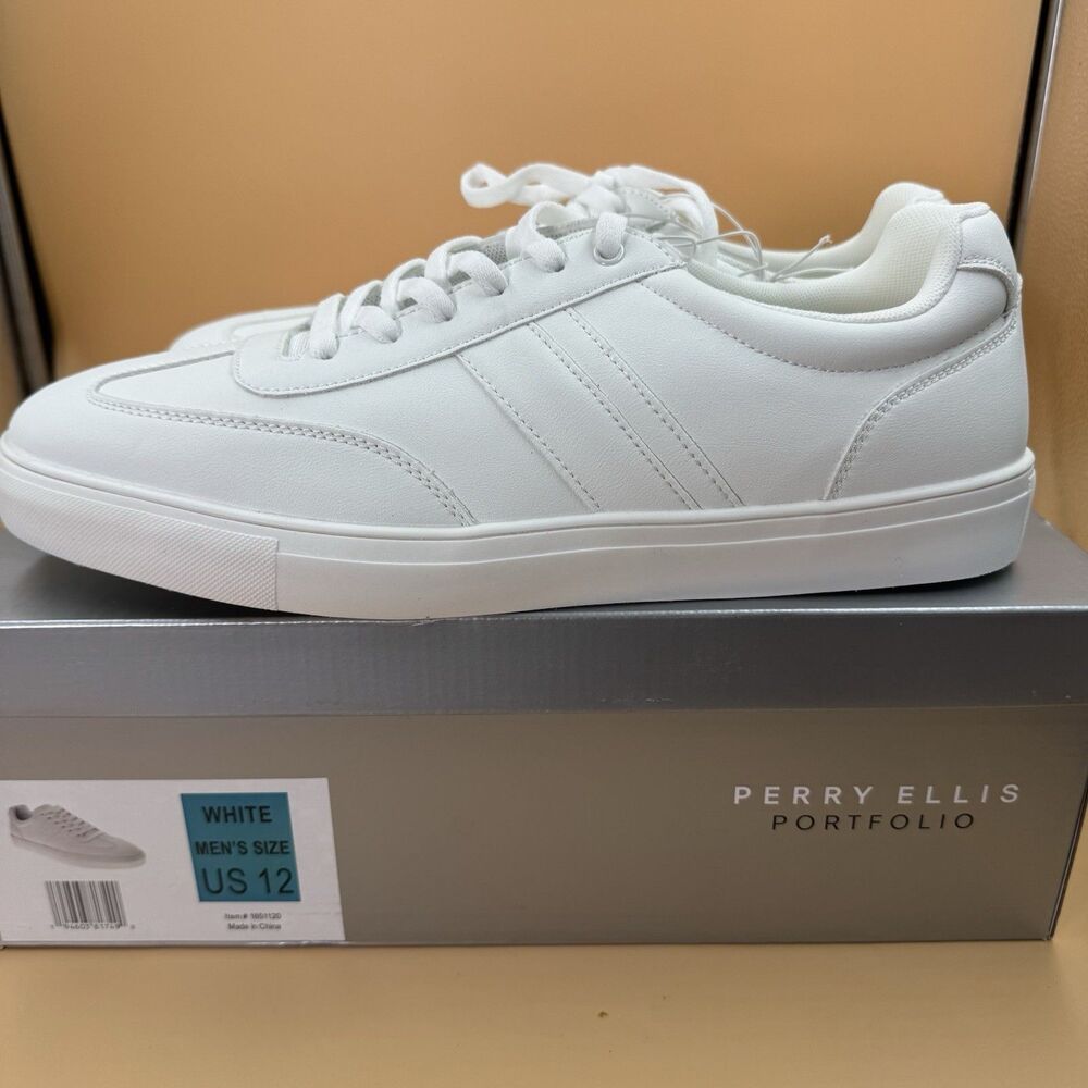 NEW PERRY ELLIS Men's Sneakers Lace Up Faux Leather Upper Shoes White Size 12